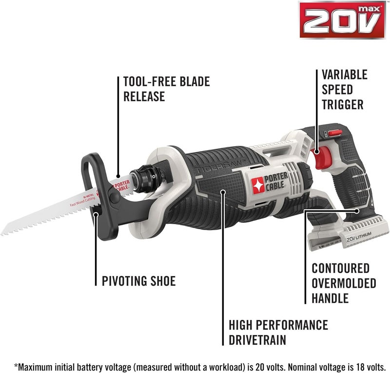 PORTER CABLE 20V MAX* Reciprocating Saw, Tool Only (PCC670B) - Image 2